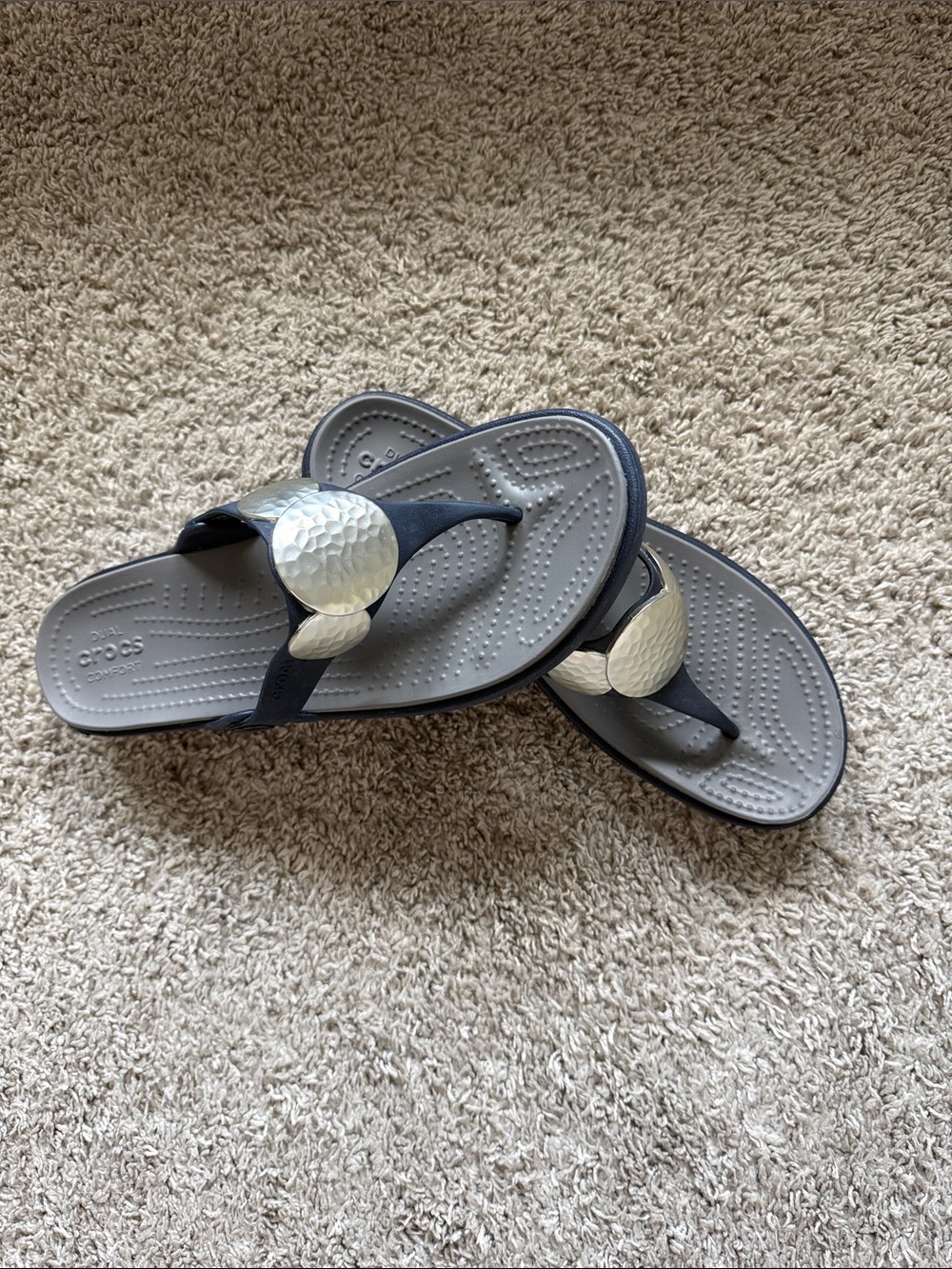 CROCS Navy Slide Sandals with Hammered Silver Discs - Picture 2 of 4